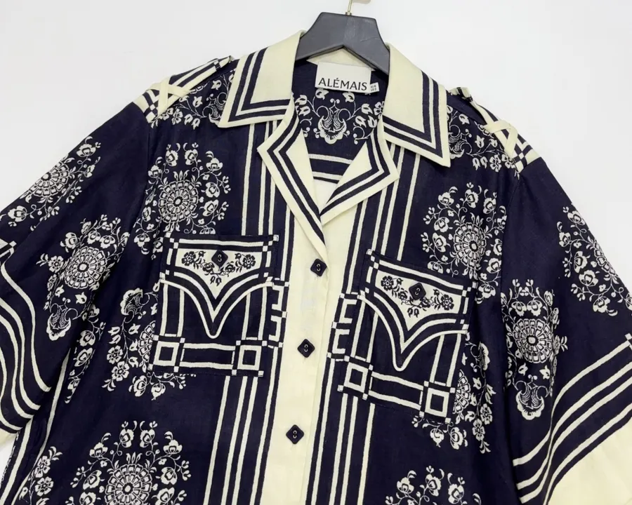 ALEMAIS Navy Floral-Print Short-Sleeve Belted Shirt Dress in Navy and Ivory, product view 03