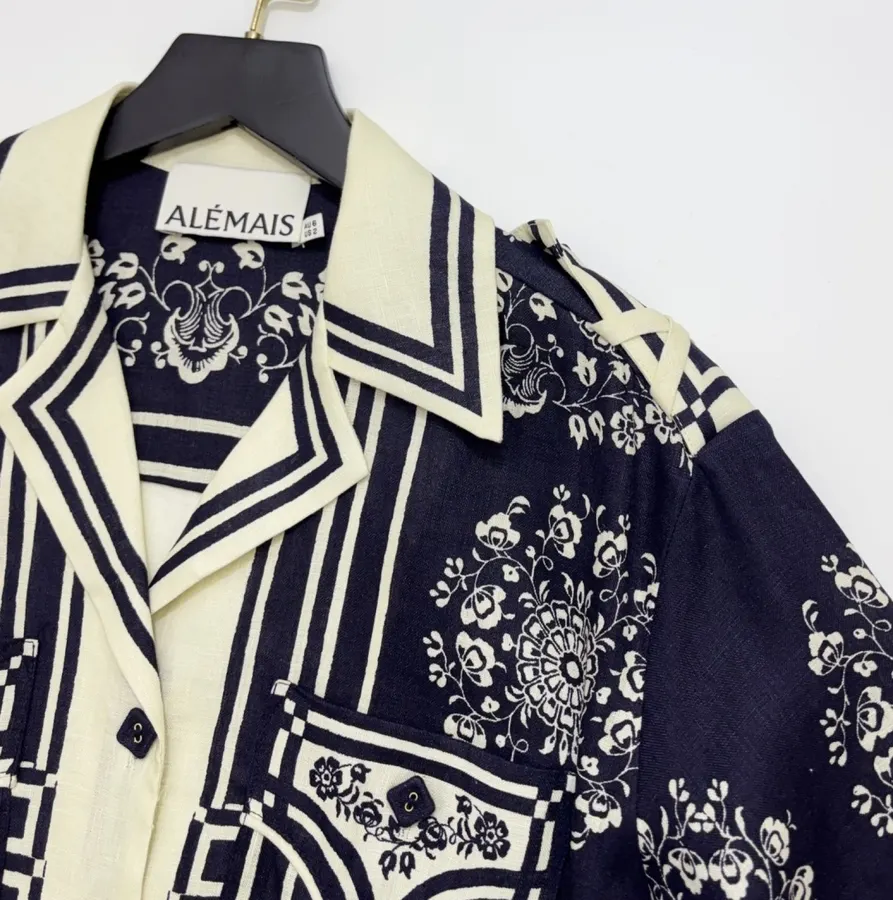 ALEMAIS Navy Floral-Print Short-Sleeve Belted Shirt Dress in Navy and Ivory, product view 04