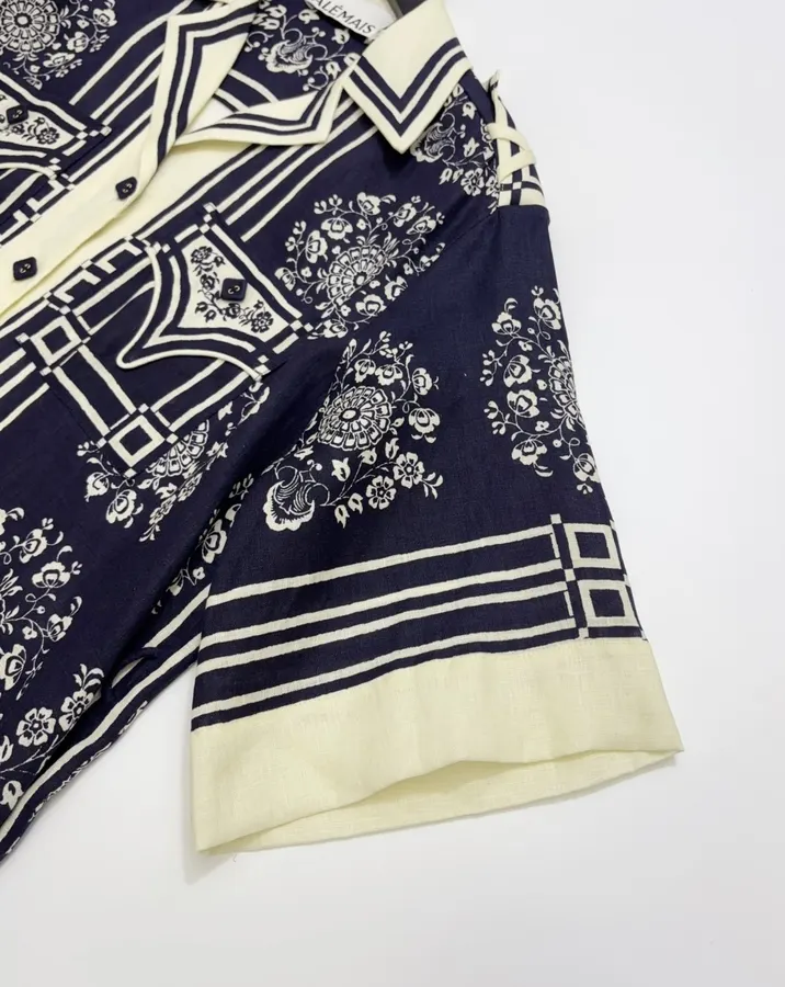 ALEMAIS Navy Floral-Print Short-Sleeve Belted Shirt Dress in Navy and Ivory, product view 05