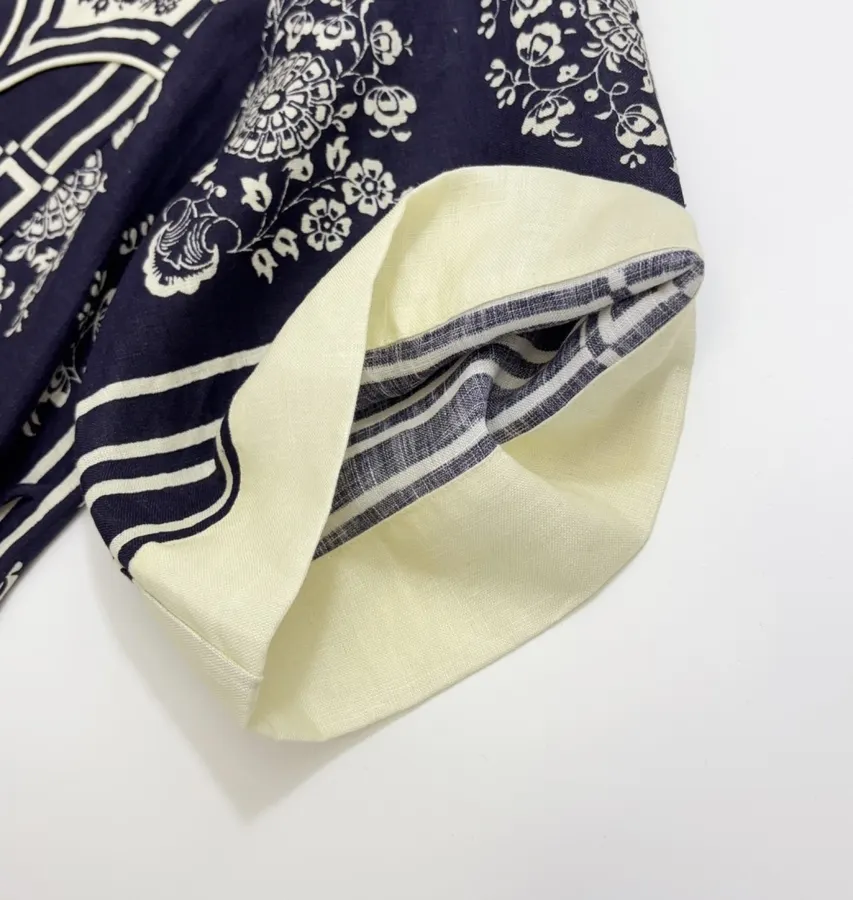 ALEMAIS Navy Floral-Print Short-Sleeve Belted Shirt Dress in Navy and Ivory, product view 06