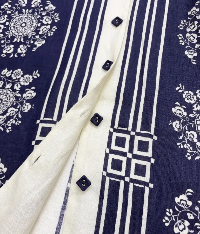 ALEMAIS Navy Floral-Print Short-Sleeve Belted Shirt Dress in Navy and Ivory, product view 08