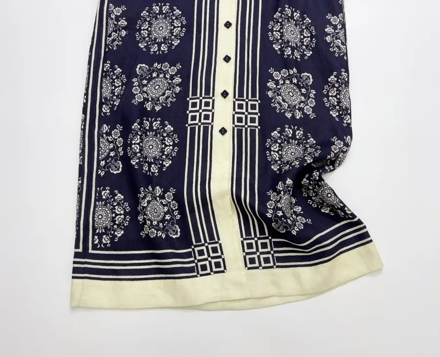 ALEMAIS Navy Floral-Print Short-Sleeve Belted Shirt Dress in Navy and Ivory, product view 09
