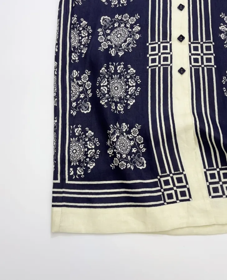 ALEMAIS Navy Floral-Print Short-Sleeve Belted Shirt Dress in Navy and Ivory, product view 10