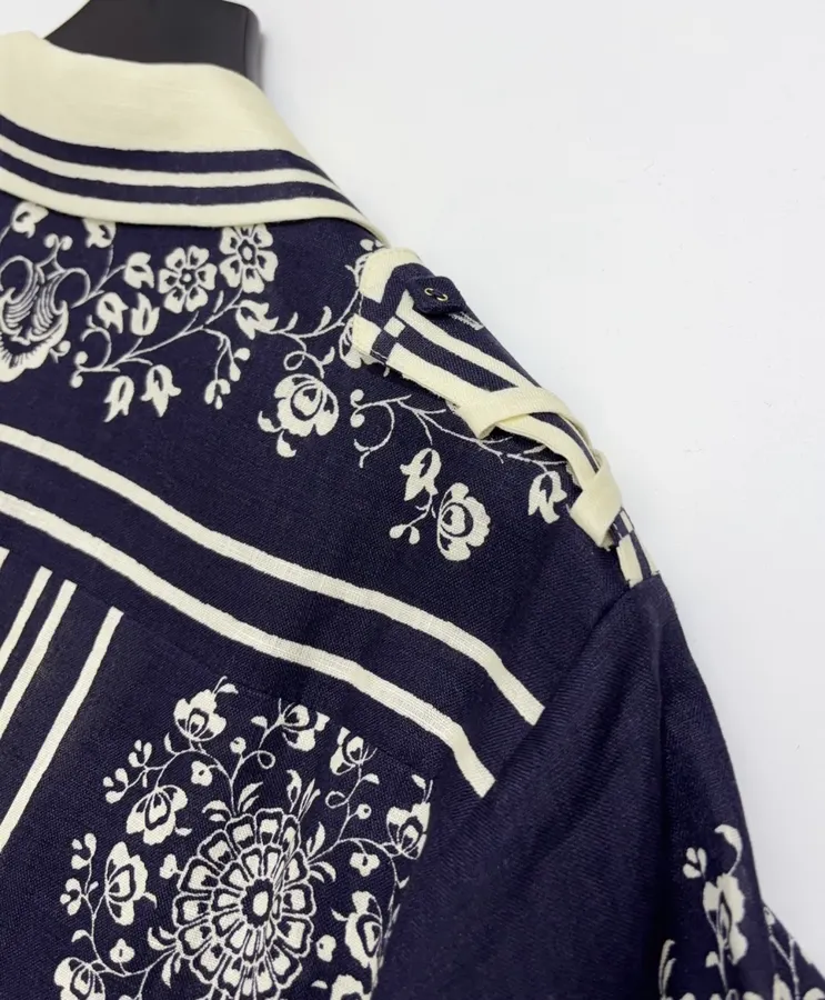 ALEMAIS Navy Floral-Print Short-Sleeve Belted Shirt Dress in Navy and Ivory, product view 17