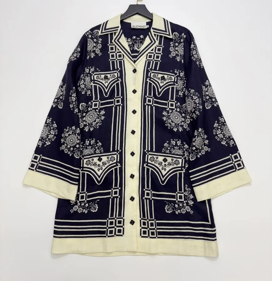ALEMAIS Navy Floral-Print Long-Sleeve Belted Shirt Dress in Navy and Ivory, product view 02