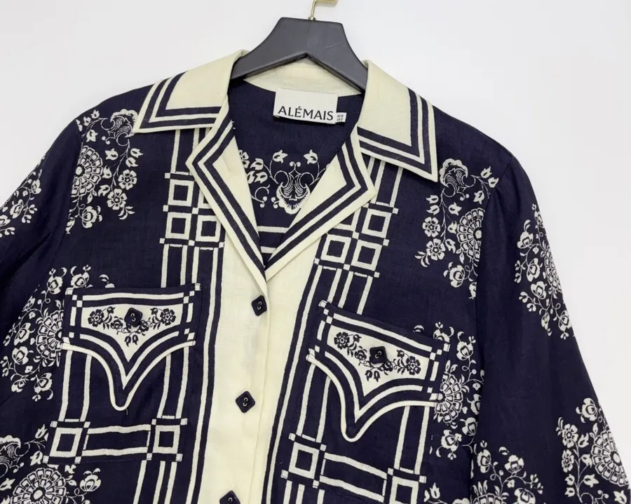 ALEMAIS Navy Floral-Print Long-Sleeve Belted Shirt Dress in Navy and Ivory, product view 03
