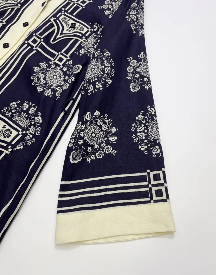 ALEMAIS Navy Floral-Print Long-Sleeve Belted Shirt Dress in Navy and Ivory, product view 04