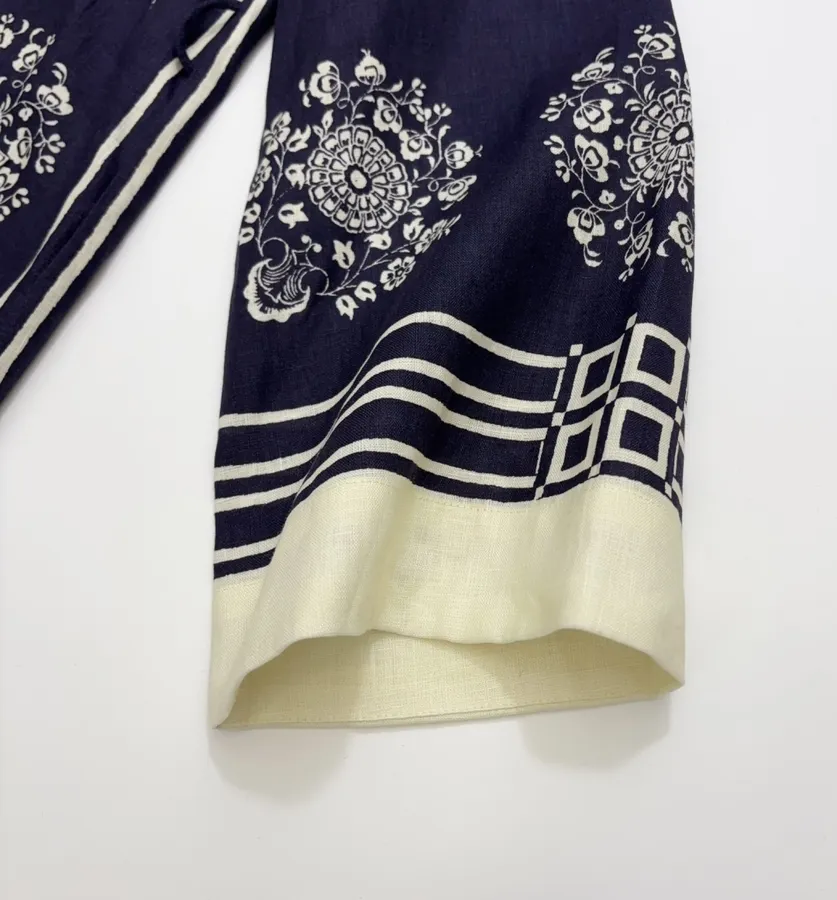 ALEMAIS Navy Floral-Print Long-Sleeve Belted Shirt Dress in Navy and Ivory, product view 05