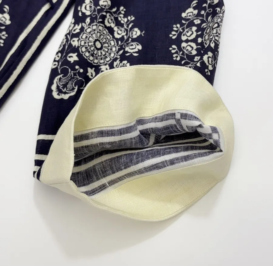 ALEMAIS Navy Floral-Print Long-Sleeve Belted Shirt Dress in Navy and Ivory, product view 06