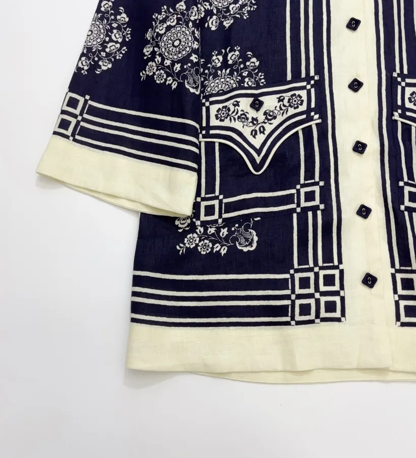 ALEMAIS Navy Floral-Print Long-Sleeve Belted Shirt Dress in Navy and Ivory, product view 07