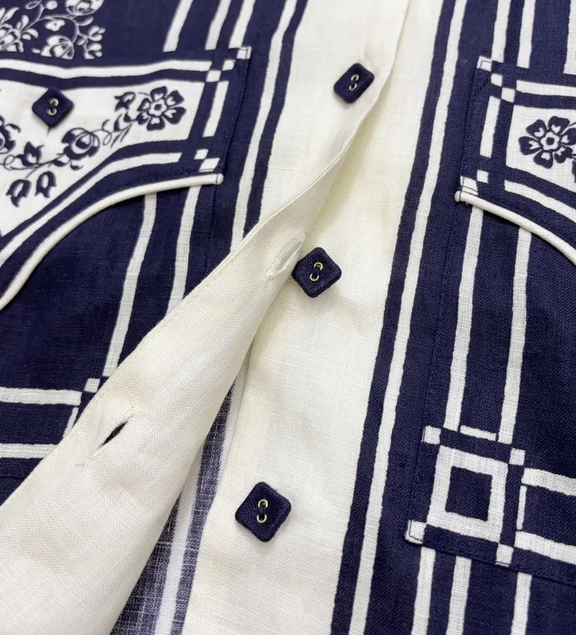 ALEMAIS Navy Floral-Print Long-Sleeve Belted Shirt Dress in Navy and Ivory, product view 10