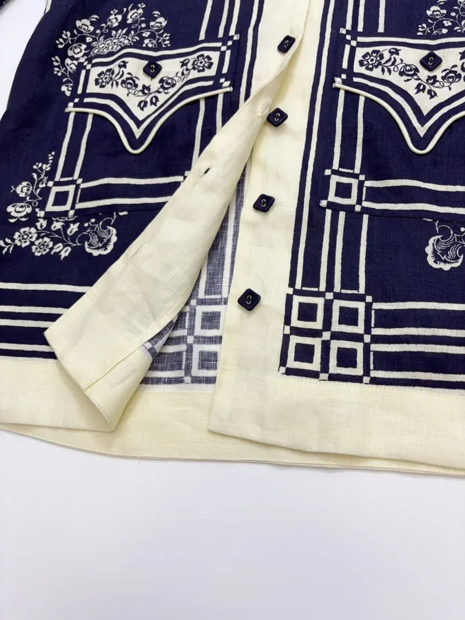 ALEMAIS Navy Floral-Print Long-Sleeve Belted Shirt Dress in Navy and Ivory, product view 11