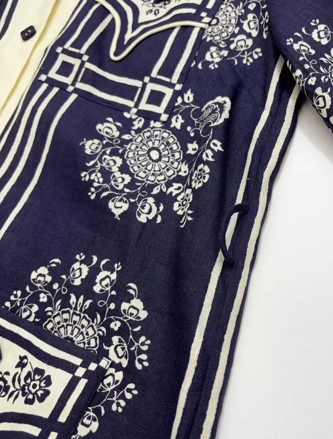 ALEMAIS Navy Floral-Print Long-Sleeve Belted Shirt Dress in Navy and Ivory, product view 12