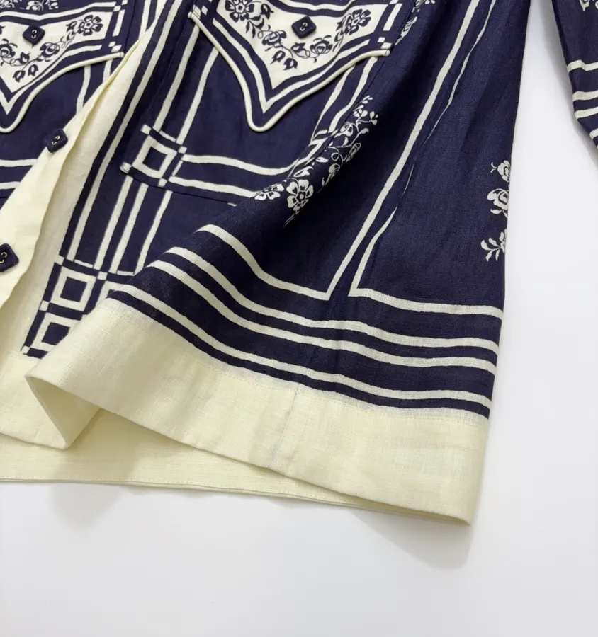 ALEMAIS Navy Floral-Print Long-Sleeve Belted Shirt Dress in Navy and Ivory, product view 13