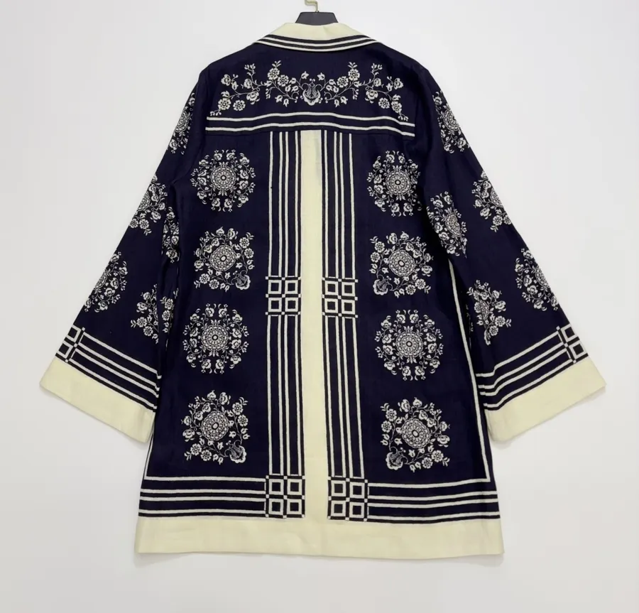 ALEMAIS Navy Floral-Print Long-Sleeve Belted Shirt Dress in Navy and Ivory, product view 14