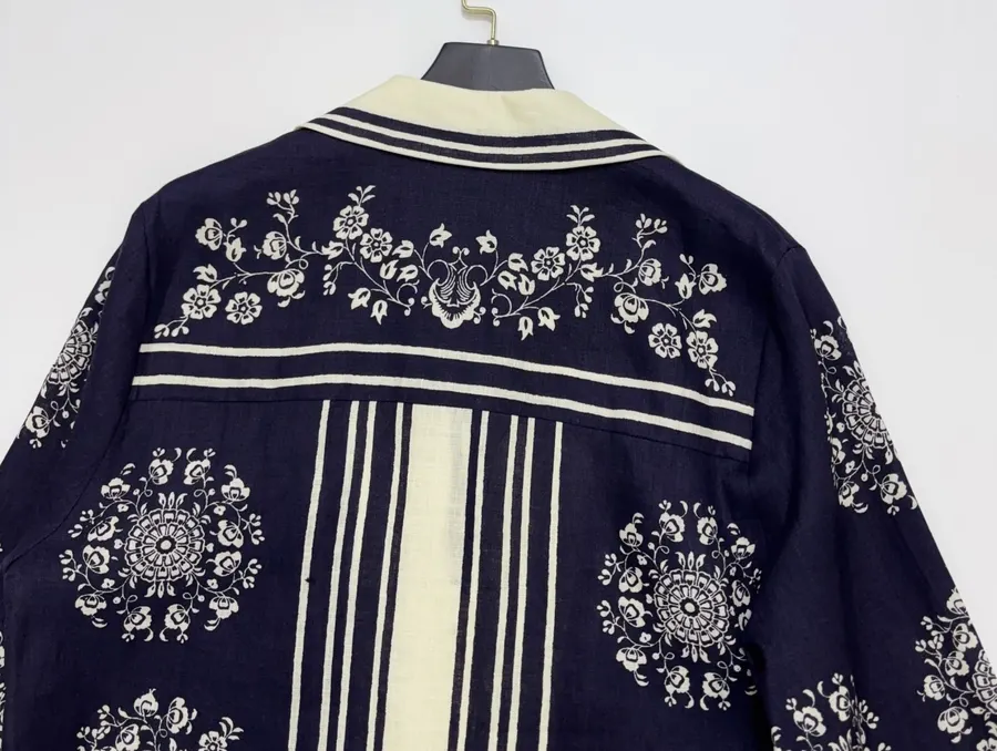 ALEMAIS Navy Floral-Print Long-Sleeve Belted Shirt Dress in Navy and Ivory, product view 15
