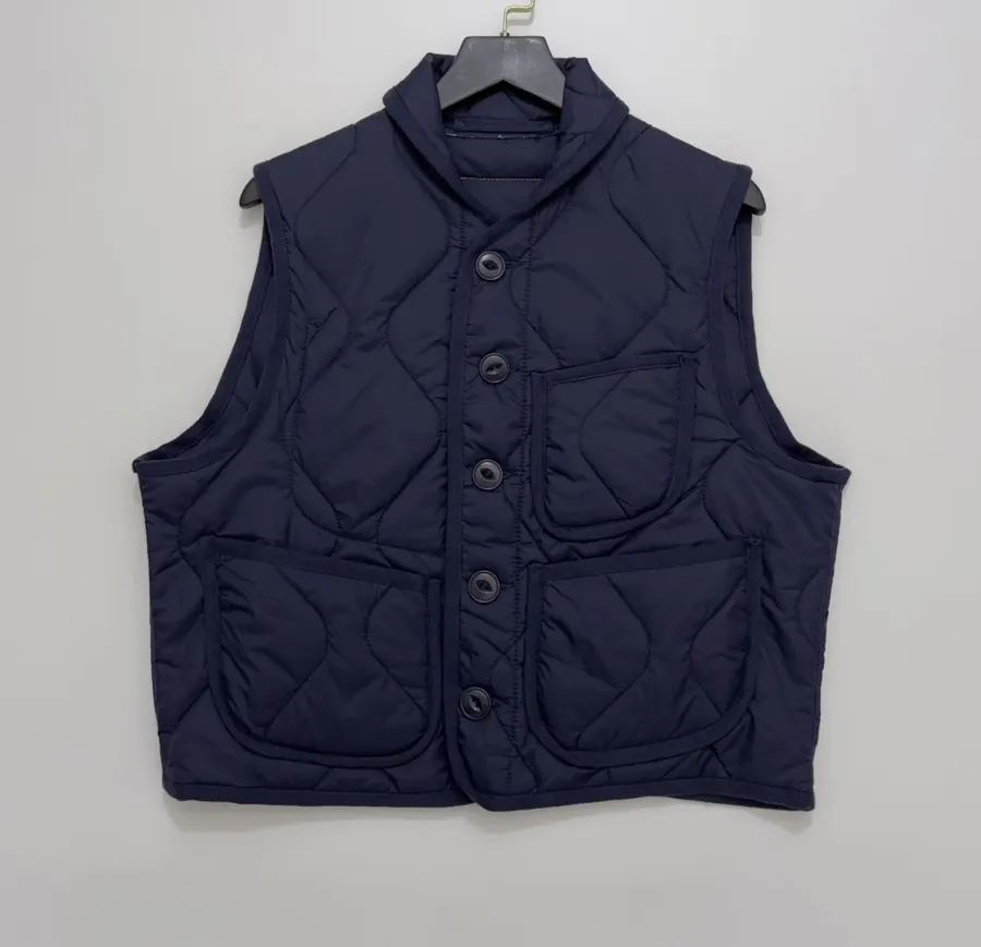 Japanese-style quilted diamond-stitch wool padded vest with stand collar and single-breasted closure in As Shown, product view 02