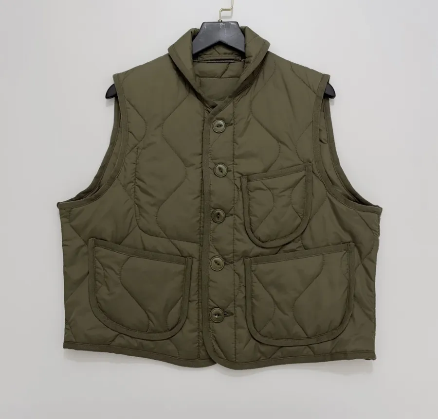Japanese-style quilted diamond-stitch wool padded vest with stand collar and single-breasted closure in As Shown, product view 03