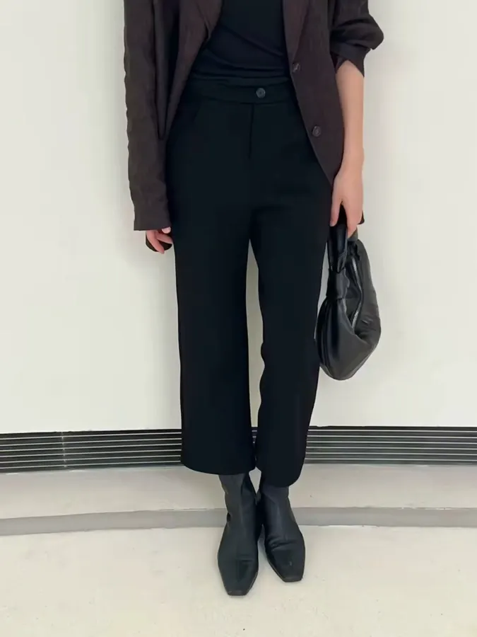 Minimalist classic black straight-leg stretch slim-fit brushed casual cropped pants in As Shown, product view
