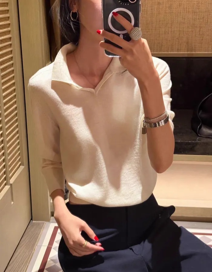 18-gauge cashmere polo top with 3/4 sleeves and collar in As Shown, product view 01