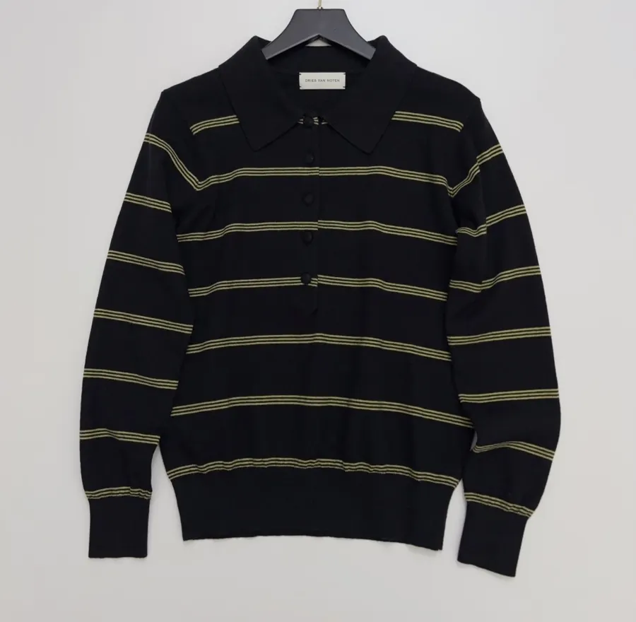 Dries Van Noten Retro Horizontal-Stripe Long-Sleeve Knit Top with Elegant Wide Collar, Lightweight Wool Polo Shirt in As Shown, product view
