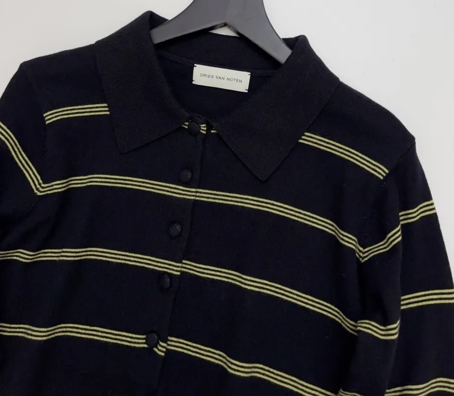 Dries Van Noten 复古 横条纹长袖针织衫 气质大翻领薄款羊毛 Polo 衫，As Shown，商品图 2