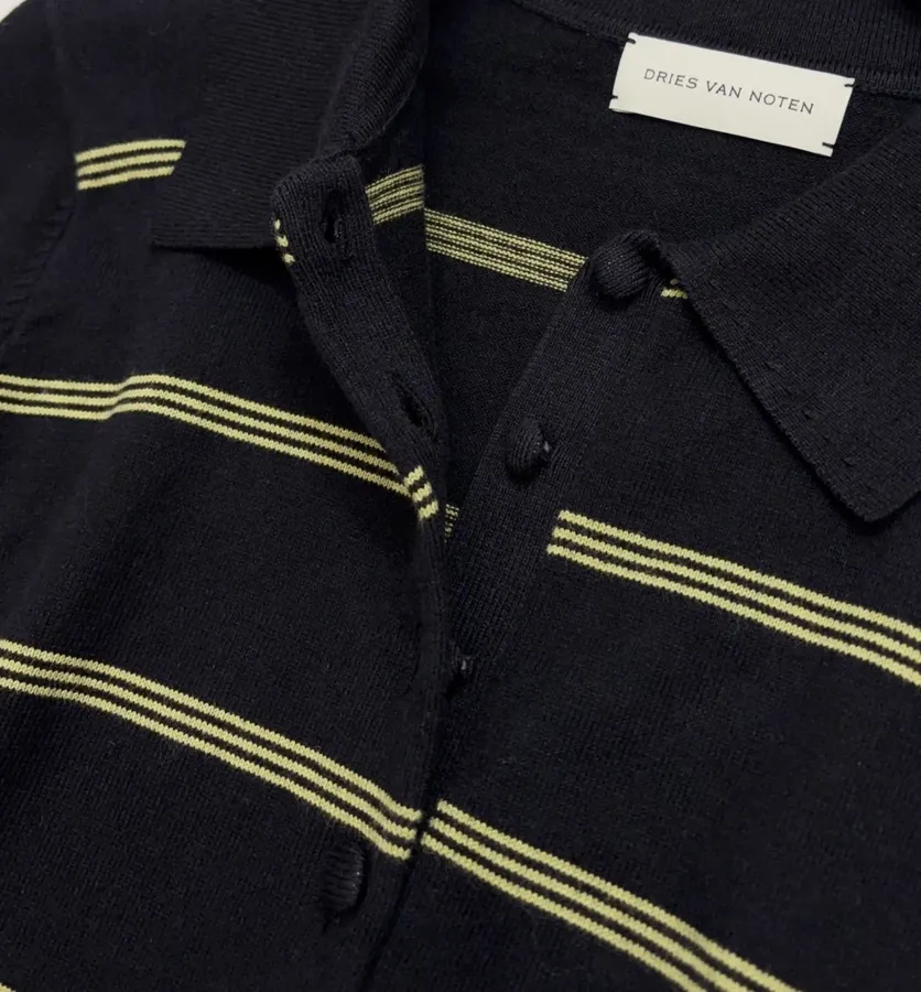 Dries Van Noten 复古 横条纹长袖针织衫 气质大翻领薄款羊毛 Polo 衫，As Shown，商品图 4