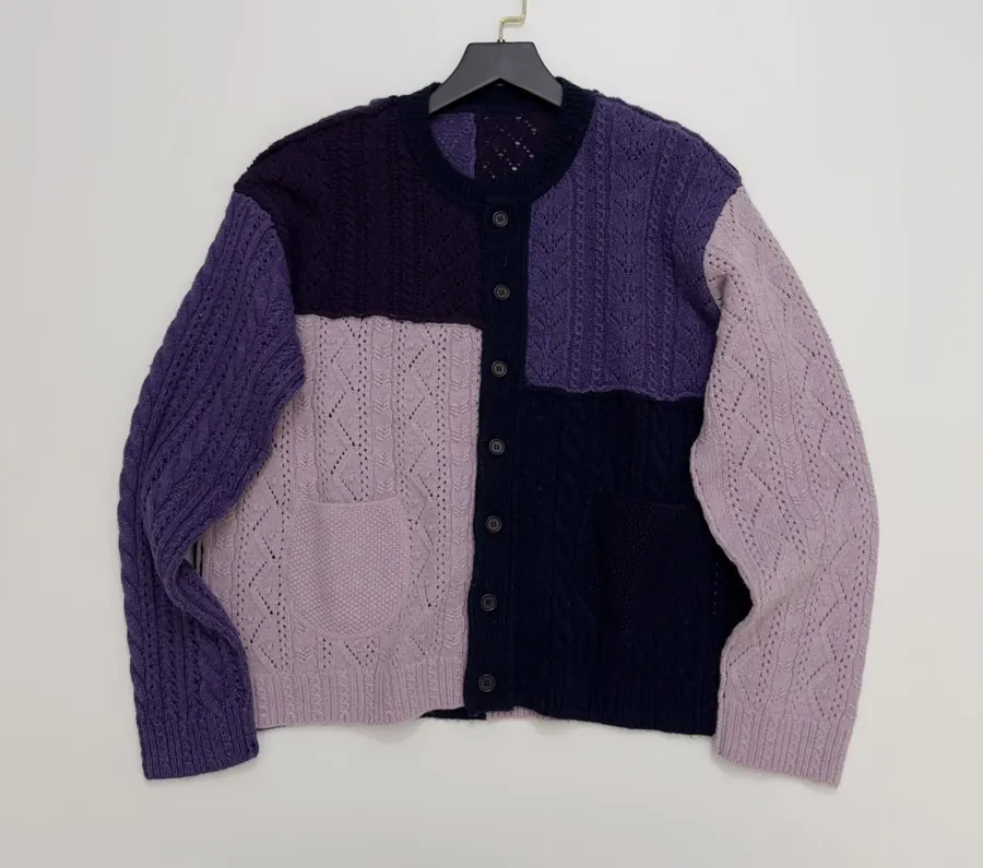 Japanese-Style Shetland Wool-Panelled Knit Cardigan, Casual Everyday Wear in As Shown, product view