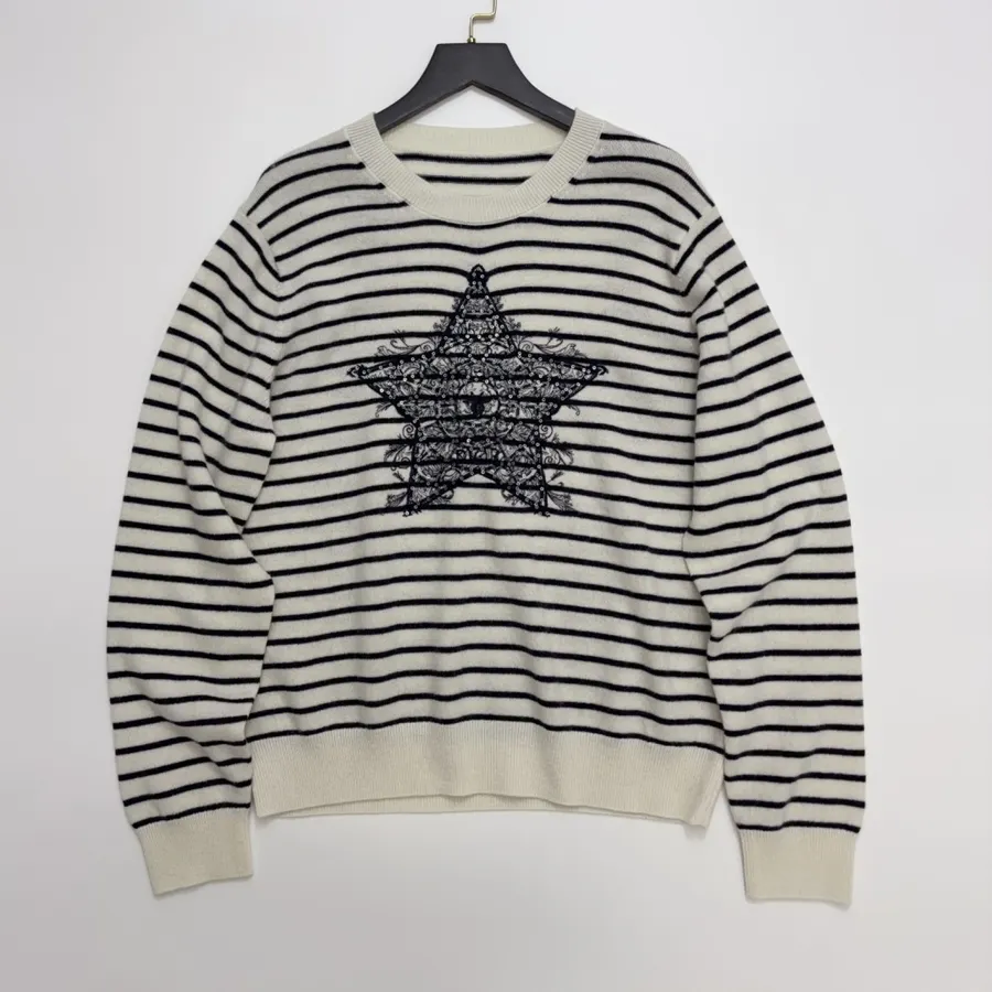 Star-pattern striped round-neck long-sleeve knit top in As Shown, product view 01