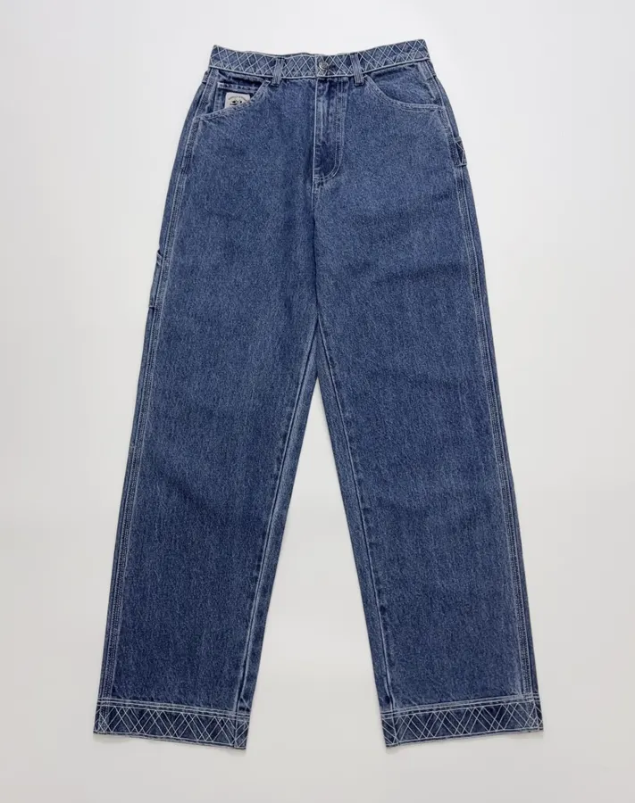 Limited-Edition Diamond-Stitched Jeans | Vintage Washed Straight-Leg Workwear Trousers in As Shown, product view