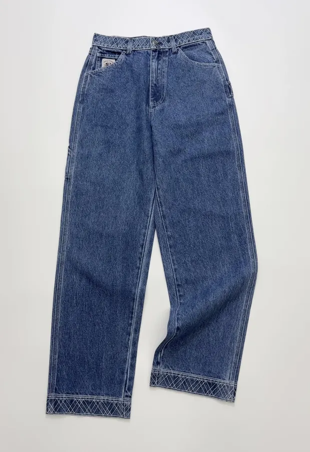 Limited-Edition Diamond-Stitched Jeans | Vintage Washed Straight-Leg Workwear Trousers in As Shown, product view 02