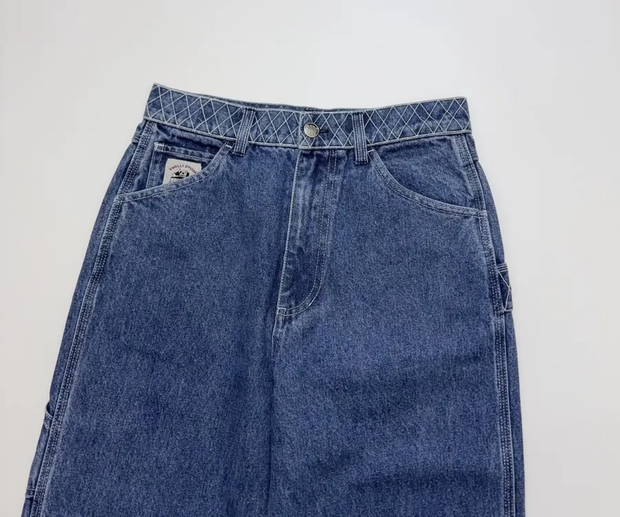 Limited-Edition Diamond-Stitched Jeans | Vintage Washed Straight-Leg Workwear Trousers in As Shown, product view 03