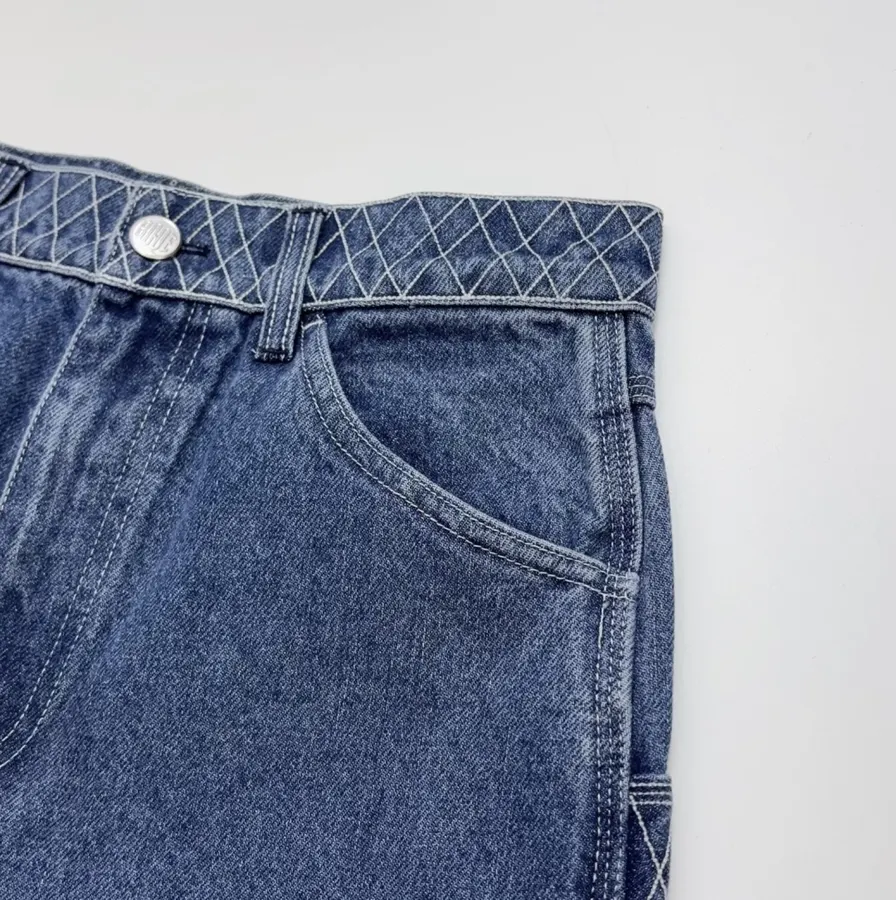 Limited-Edition Diamond-Stitched Jeans | Vintage Washed Straight-Leg Workwear Trousers in As Shown, product view 04