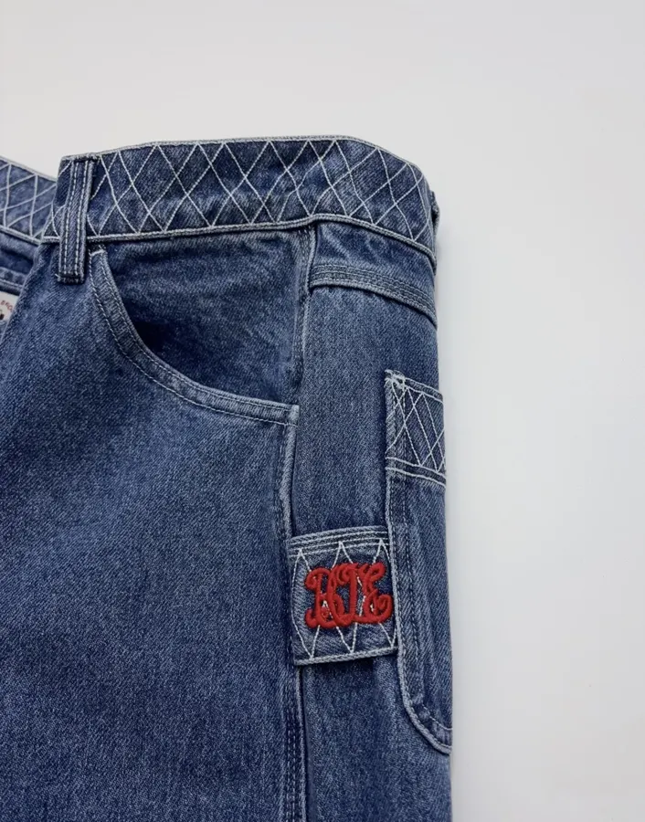 Limited-Edition Diamond-Stitched Jeans | Vintage Washed Straight-Leg Workwear Trousers in As Shown, product view 07