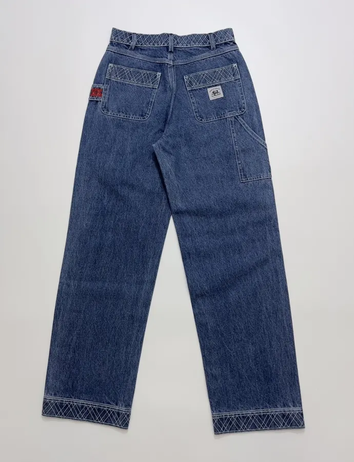 Limited-Edition Diamond-Stitched Jeans | Vintage Washed Straight-Leg Workwear Trousers in As Shown, product view 13
