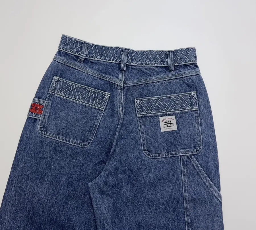 Limited-Edition Diamond-Stitched Jeans | Vintage Washed Straight-Leg Workwear Trousers in As Shown, product view 14