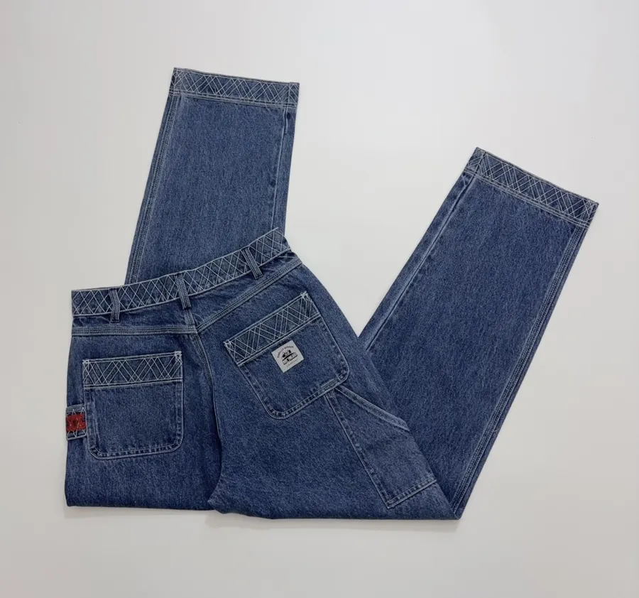 Limited-Edition Diamond-Stitched Jeans | Vintage Washed Straight-Leg Workwear Trousers in As Shown, product view 17