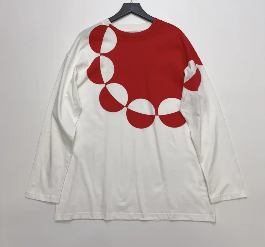 Dries Van Noten Artistic Red Circular Geometric Print Long-Sleeve T-Shirt, Contrast-Color Relaxed Drop-Shoulder Casual Base Layer in As Shown, product view