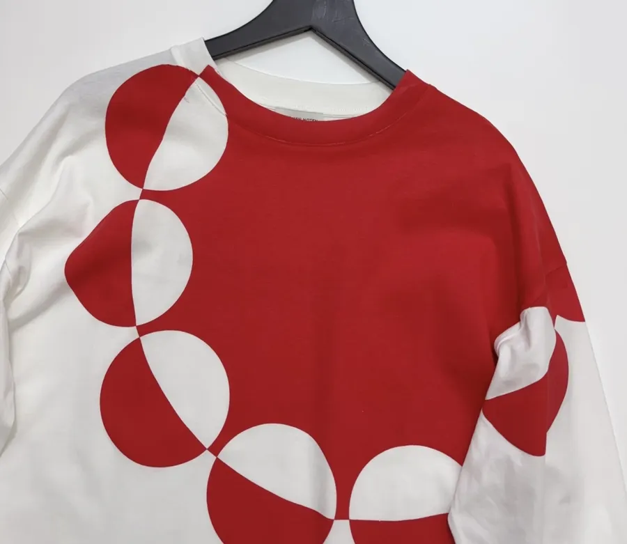 Dries Van Noten Artistic Red Circular Geometric Print Long-Sleeve T-Shirt, Contrast-Color Relaxed Drop-Shoulder Casual Base Layer in As Shown, product view 02