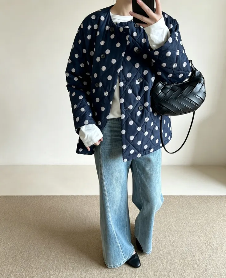 Small-batch polka-dot double-breasted cotton jacket, quilted relaxed blazer in As Shown, product view 02