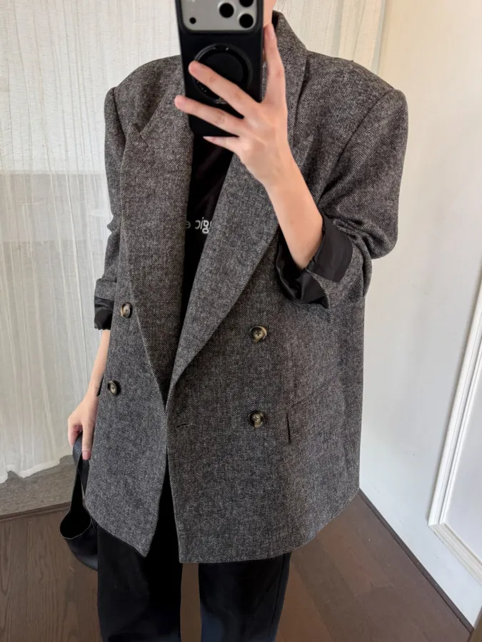 Charcoal Double-Breasted Wool Blazer in Charcoal, product view 01