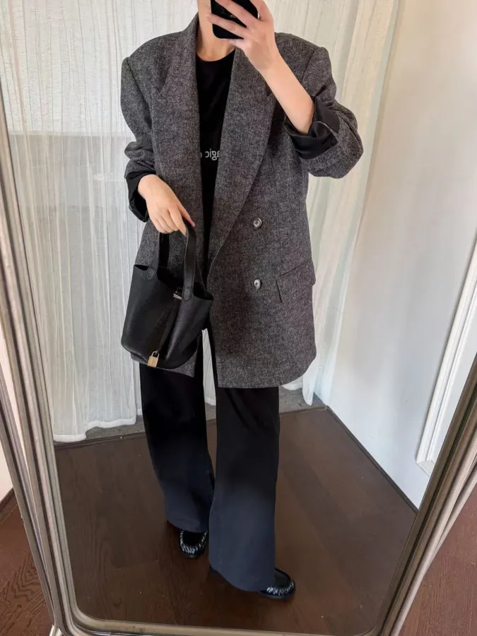 Charcoal Double-Breasted Wool Blazer in Charcoal, product view 23