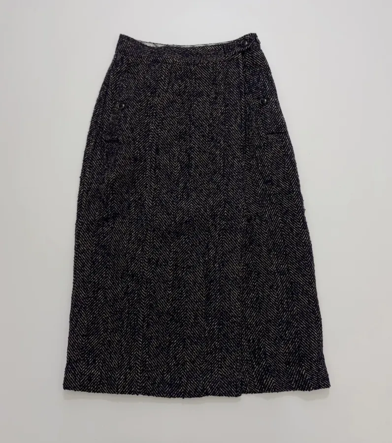 Japanese-style herringbone wool skirt, vintage wrap-style button midi skirt in As Shown, product view