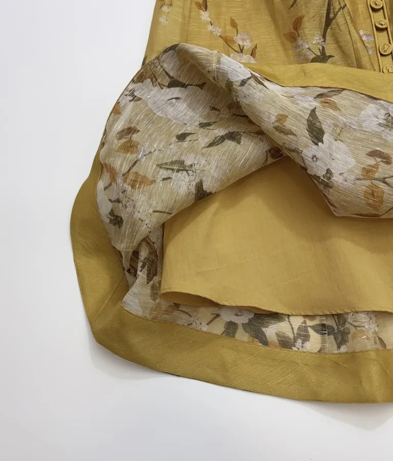 芥末黄花卉印花收腰长连衣裙，Mustard，商品图 14