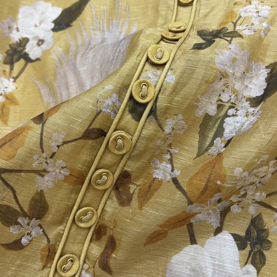 芥末黄花卉印花收腰长连衣裙，Mustard，商品图 15