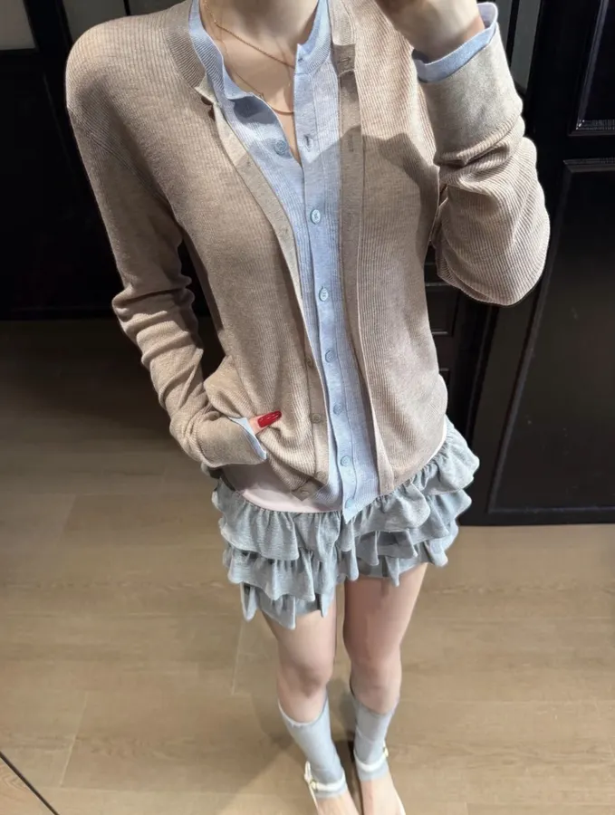 Acne Studios Beige Contrast-Panel Layered Knit Cardigan in Beige, product view 01