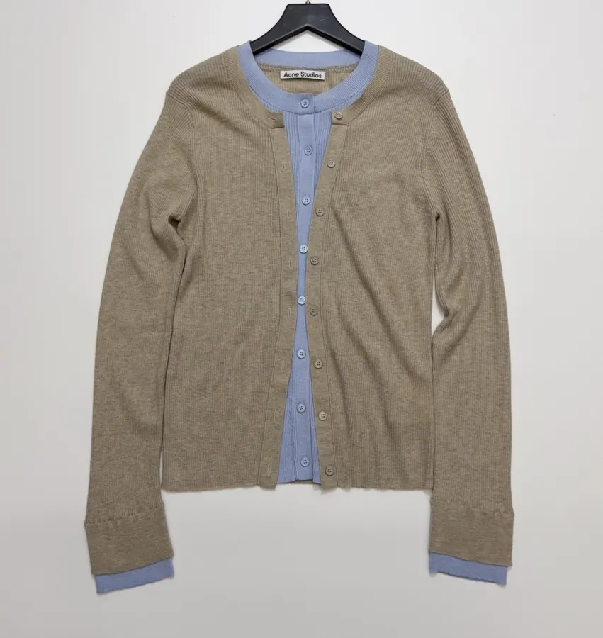 Acne Studios Beige Contrast-Panel Layered Knit Cardigan in Beige, product view 02