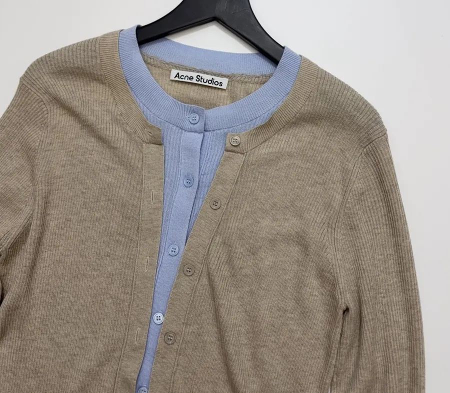 Acne Studios Beige Contrast-Panel Layered Knit Cardigan in Beige, product view 03