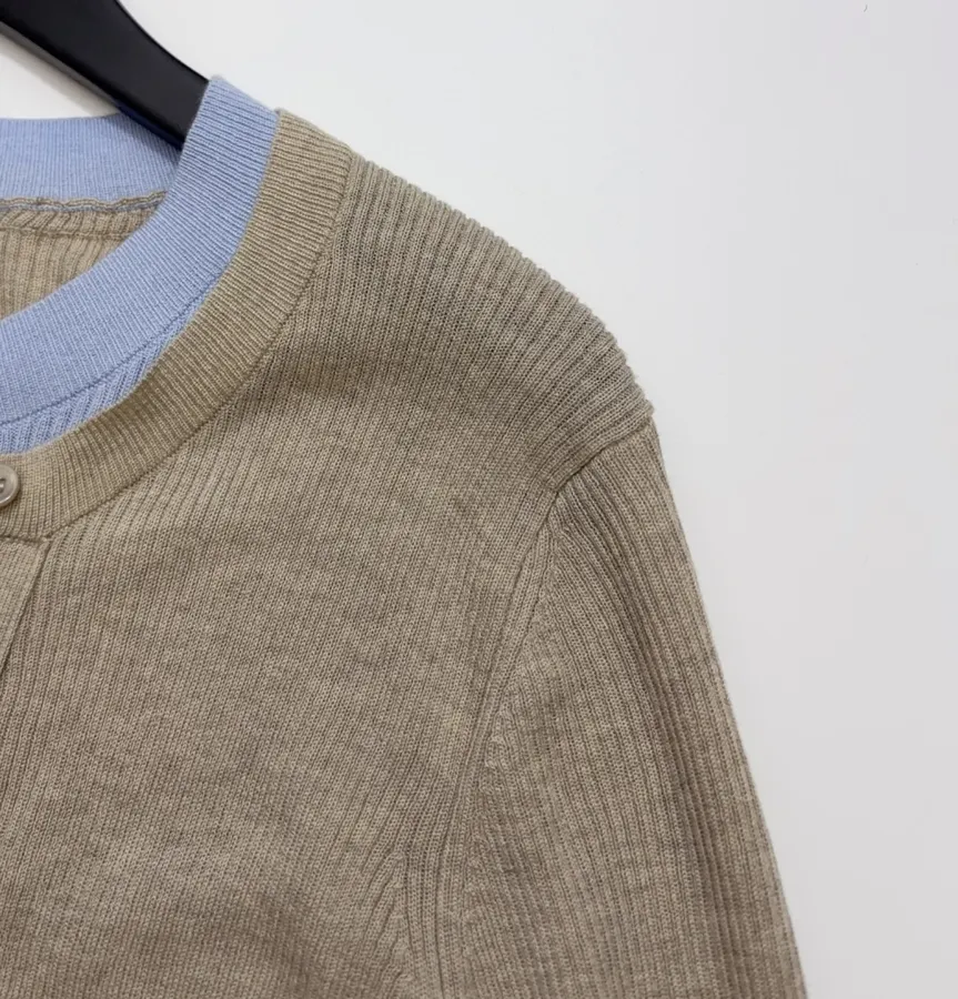 Acne Studios Beige Contrast-Panel Layered Knit Cardigan in Beige, product view 04