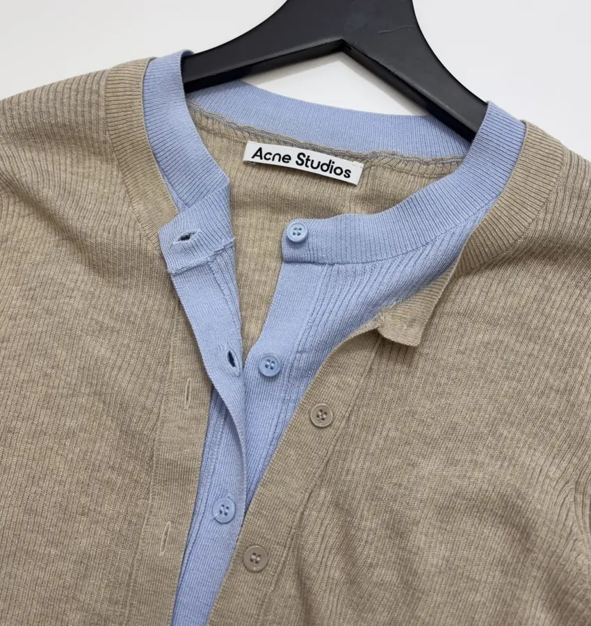 Acne Studios Beige Contrast-Panel Layered Knit Cardigan in Beige, product view 05
